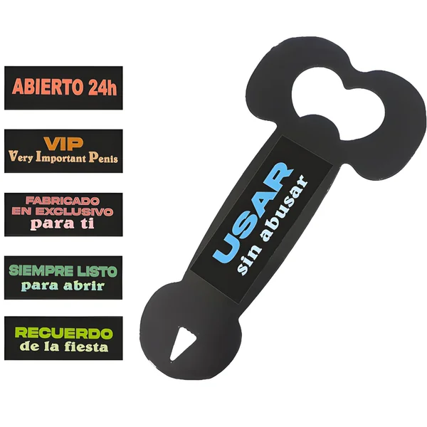 Abridor imantado con forma de pene con frase