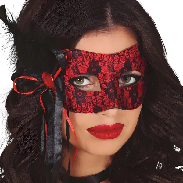 Antifaz rojo con encaje y pluma negra