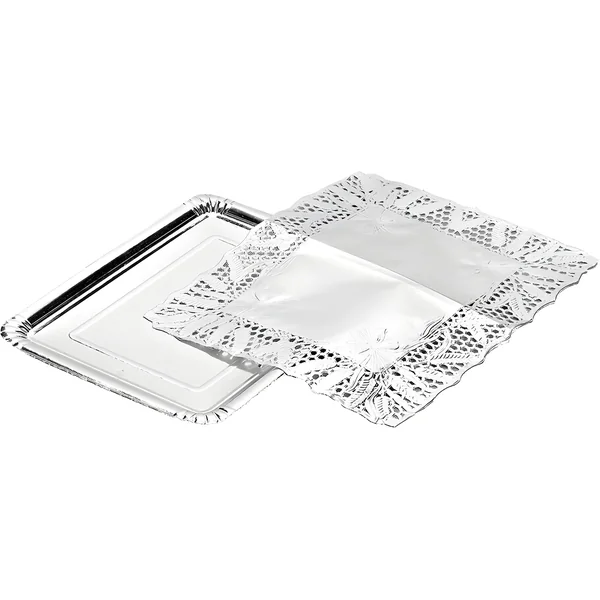 Bandeja de 34 x 25 rectangular de cartón con blonda dorada