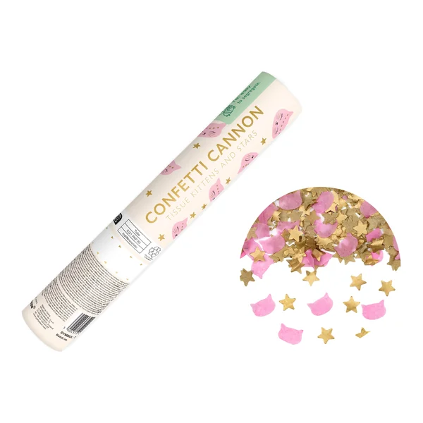 Cañón de confeti de Gatos Rosas y estrellas de 20 cm
