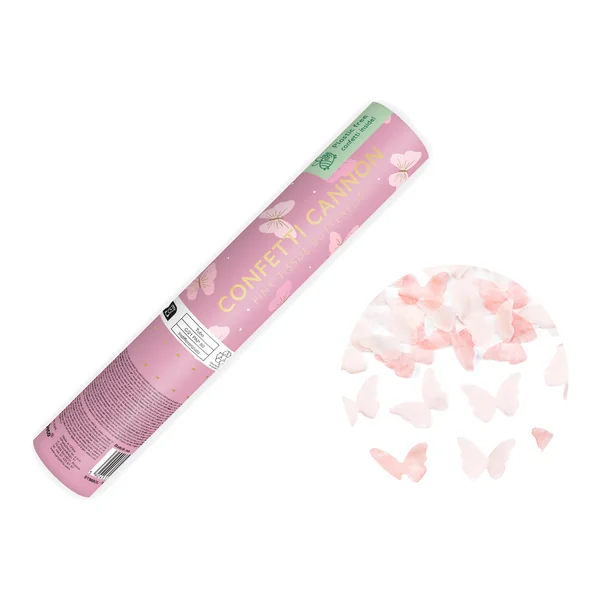 Cañón de confeti de mariposas blancas y rosas de 20 cm