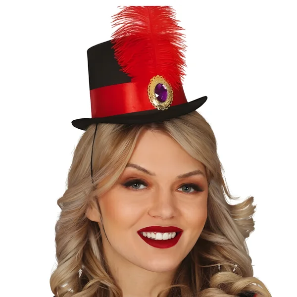 Chistera con pluma roja mini de Steampunk