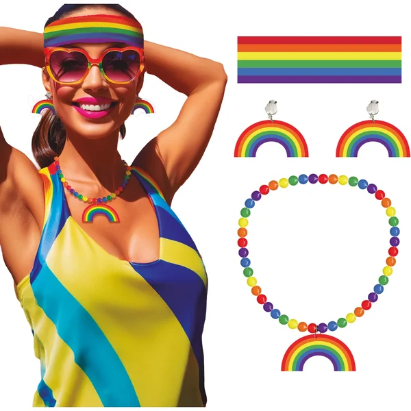 Conjunto arcoíris con collar, pendientes y cinta para el pelo