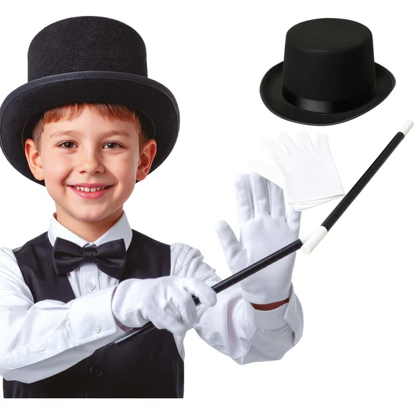 Conjunto de mago con chistera, guantes y varita infantil