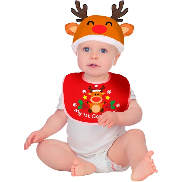 Conjunto navideño para bebé de reno con gorro y babero - Imagen 2
