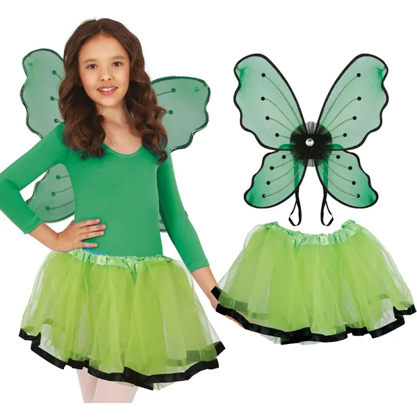 Conjuntode mariposa verde con alas y tutú