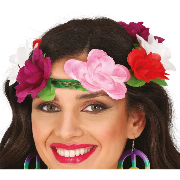 Corona de flores rosas, rojas y blancas