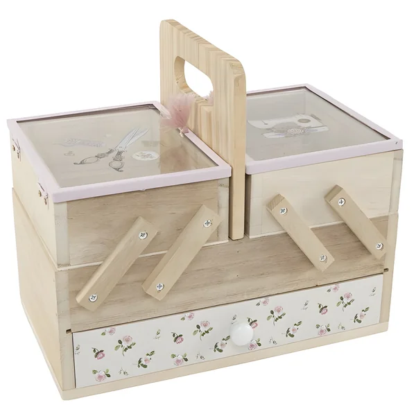 Costurero de madera con estantes y cajón flores