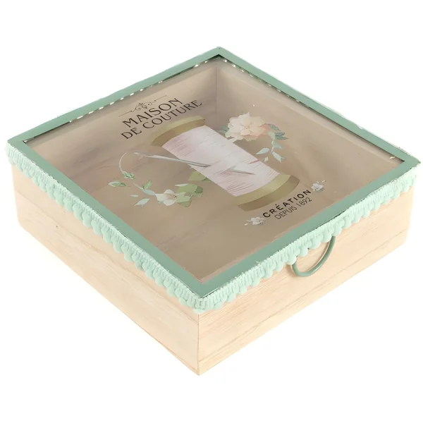 Costurero de madera con tapa transparente