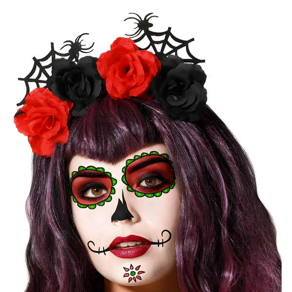 Diadema de flores negras y rojas de Catrina