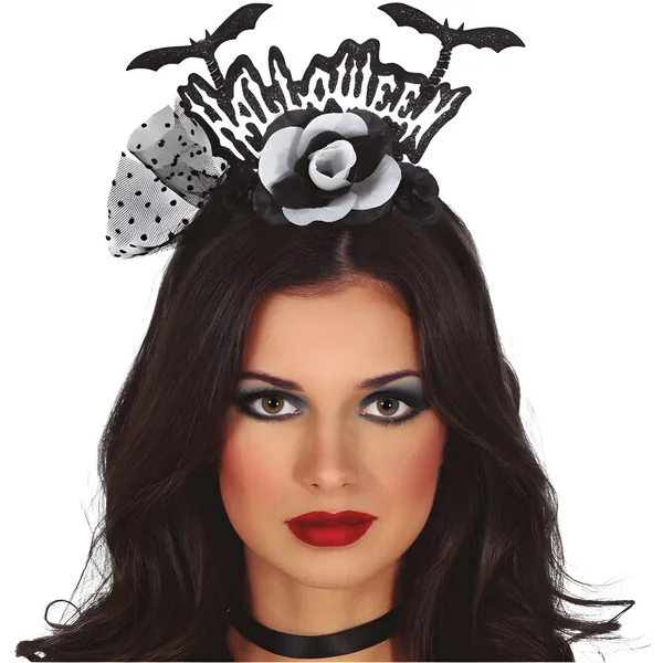 Diadema Halloween con flores blanco y negro