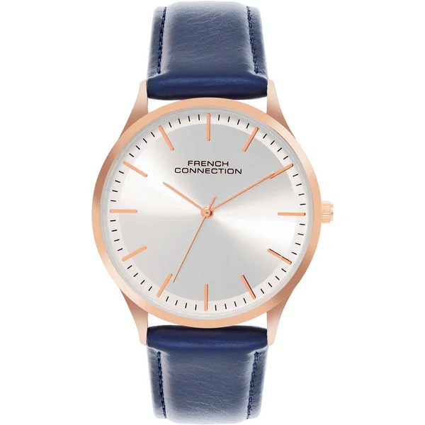 French Connection Rose Case Round Shape Blue Strap Quartz Watch