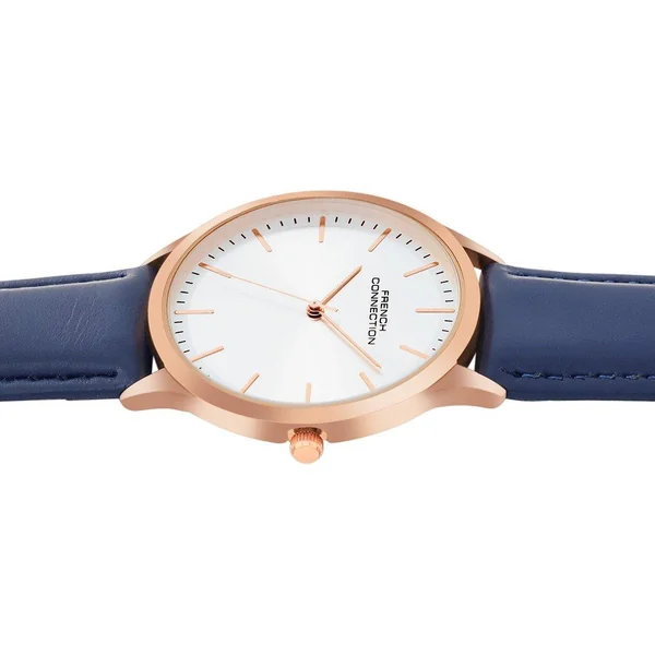 French Connection Rose Case Round Shape Blue Strap Quartz Watch - Imagen 3