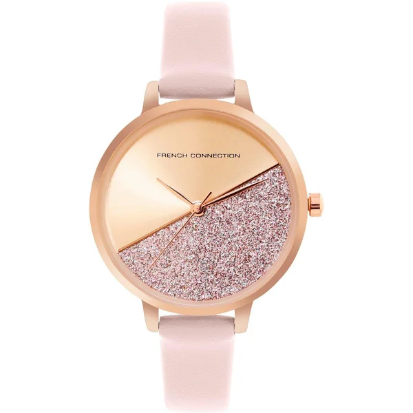 French Connection Rose Case Round Shape Pink Strap Quartz Watch