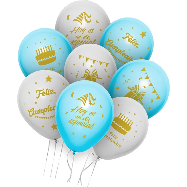 Globos de látex de Feliz Cumpleaños celeste y blanco - 8 unidades