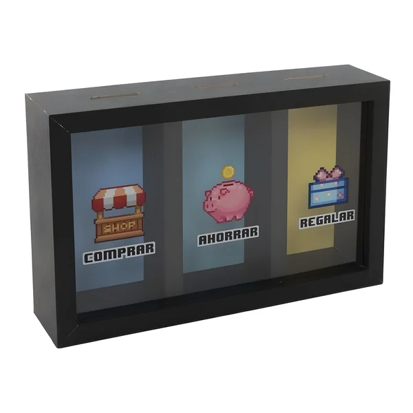Hucha de Comprar, ahorra, regalar triple negra