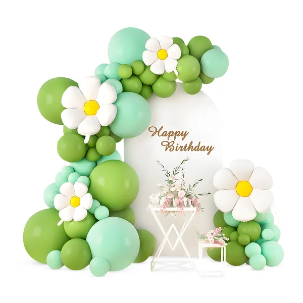 Kit de globos verdes retro con margaritas - 65 unidades
