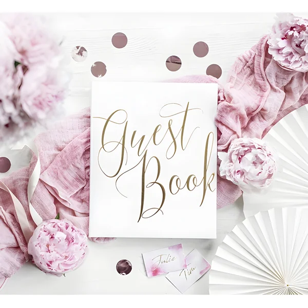 Libro de firmas Guest Book blanco con letras doradas