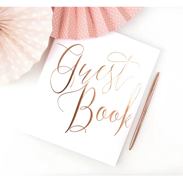 Libro de firmas Guest Book blanco con letras rosa dorado