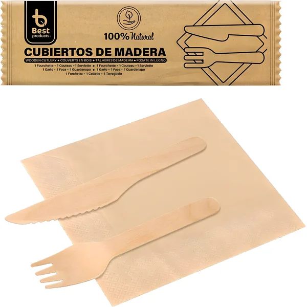 Pack de cubiertos y servilletas de madera - 1 unidad