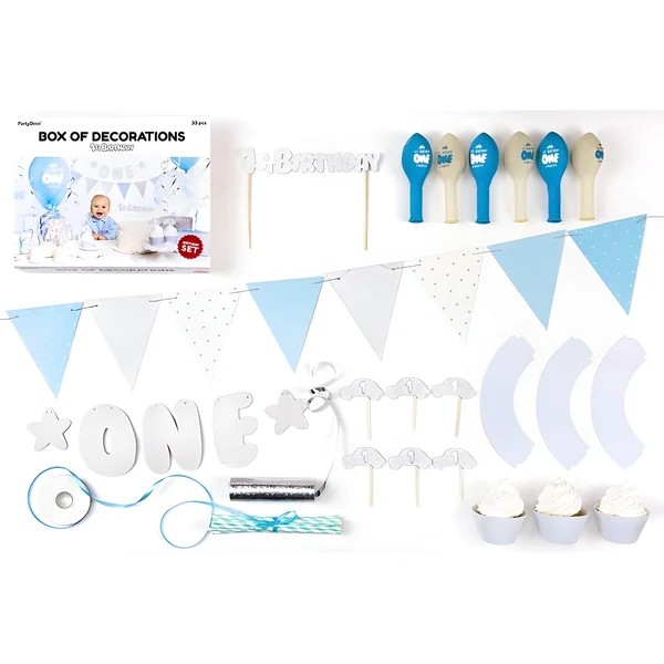 Pack de mesa dulce de primer cumpleaños azul - 33 piezas