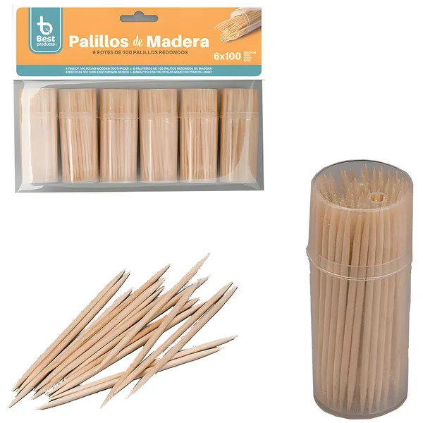 Palillos de madera en botes de 100 unidades - 6 unidades