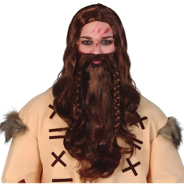 Peluca castaña con barba y trenzas de vikingo