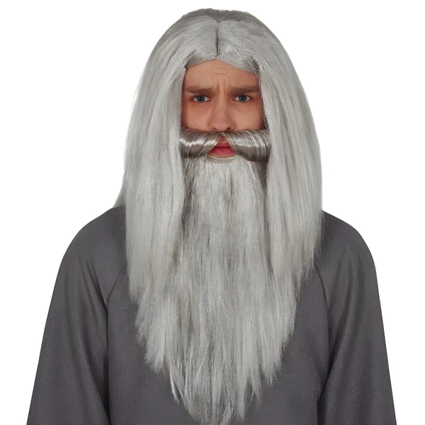 Peluca larga con bigote y barba gris