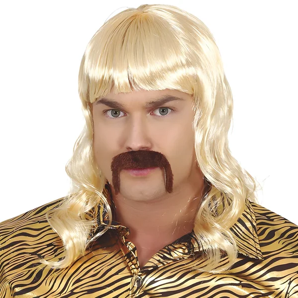 Peluca melena rubia con bigote castaño años 60