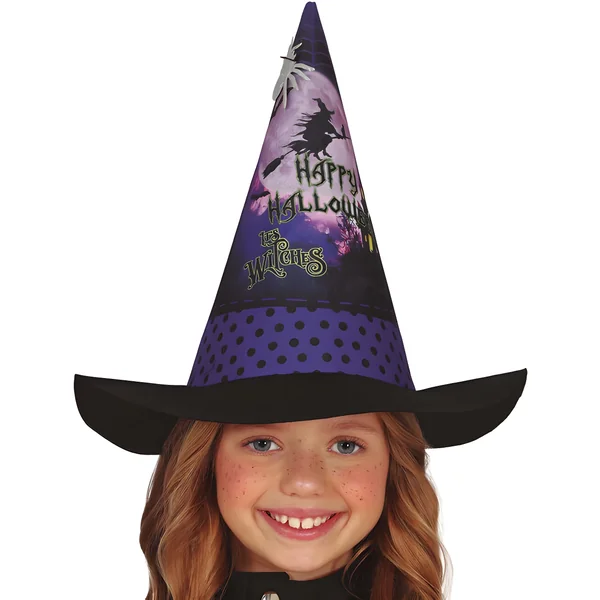 Sombrero con silueta de bruja lila para niña