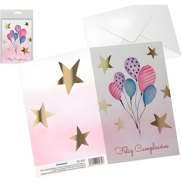 Tarjeta de cumpleaños globos y estrellas doradas