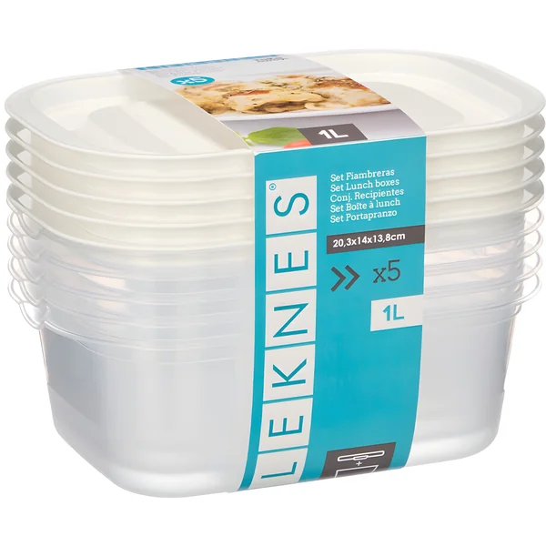 Tupper de 1 L rectangular con tapa - 5 unidades