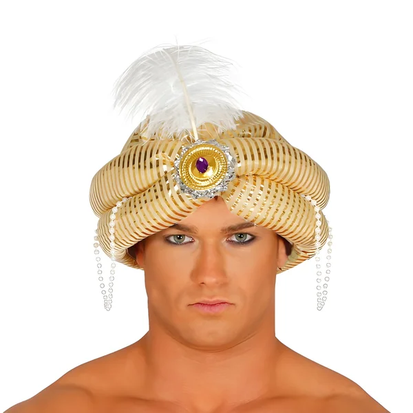 Turbante marajá dorado con pluma y perlas